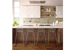 four grey bar stools in front of kitchen countertop