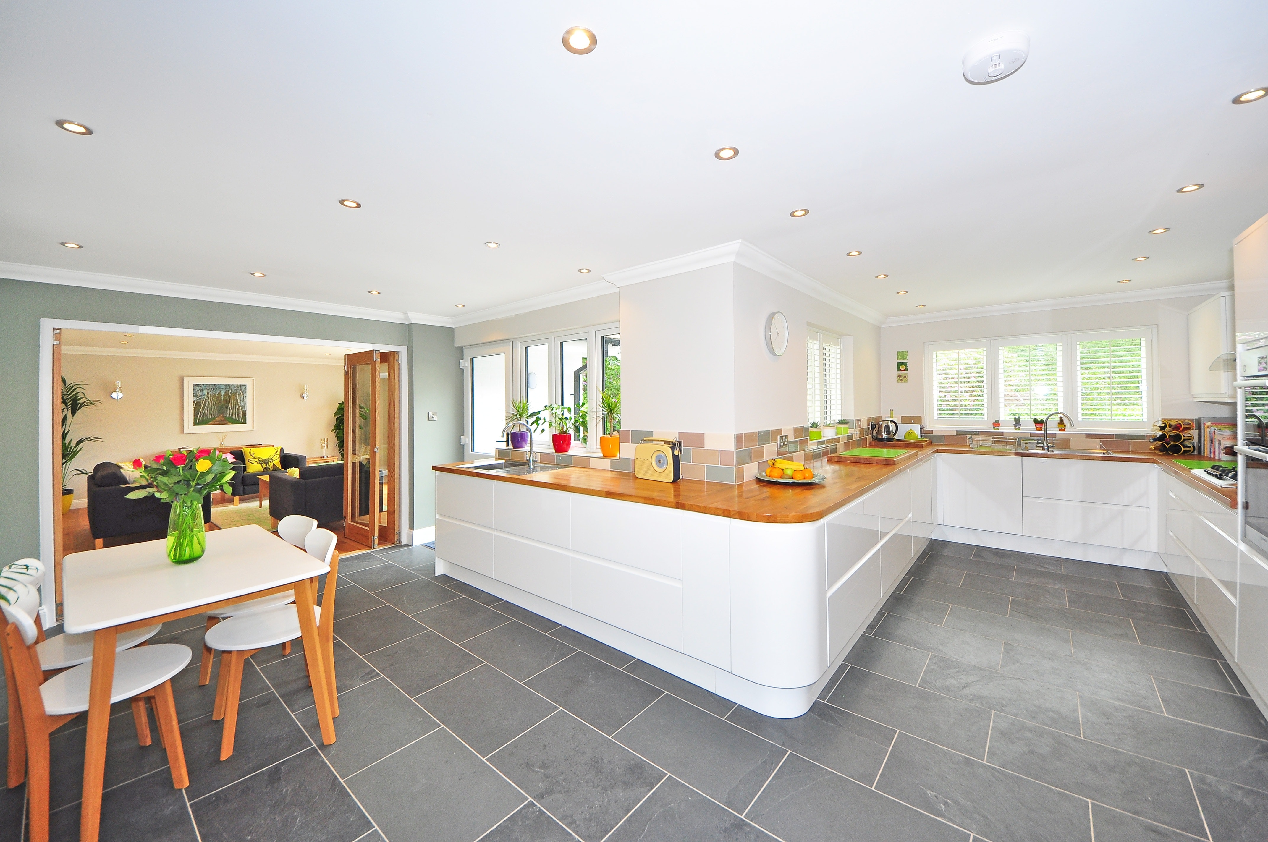 Floor tiles and wall tiles in a modern kitchen. 
